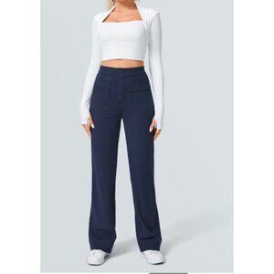 Halara High Waisted Straight Leg Sz XS Petite Womens Navy Blue Button Multi Pock